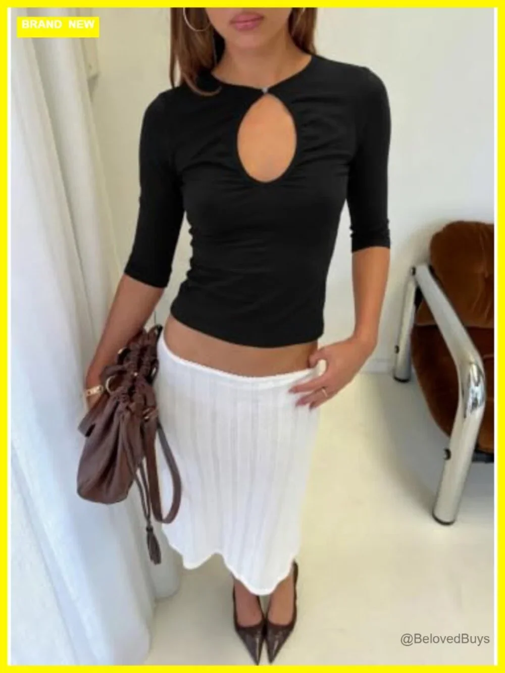 Cotton Blend 3/4 Sleeve Keyhole Cutout Crop Top Y2K Slim Fit Summer Tee